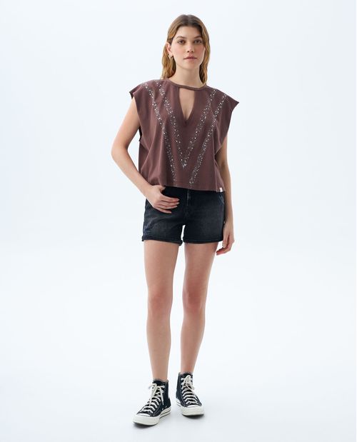 Camiseta con bordado de lentejuelas para mujer