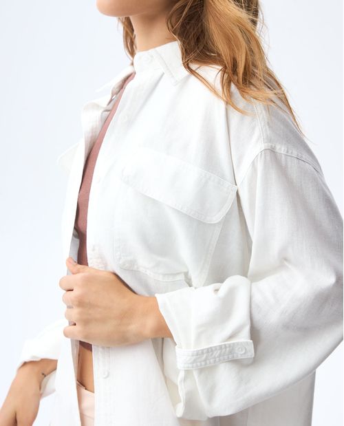 Camisa manga larga en mezcla de lino para mujer