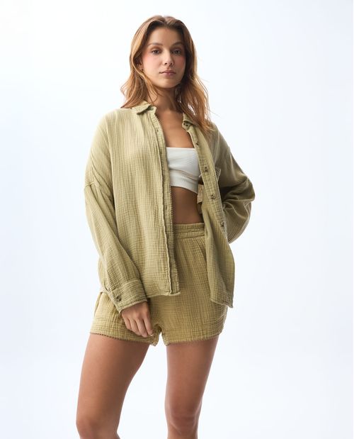 Camisa manga larga en tela con textura para mujer