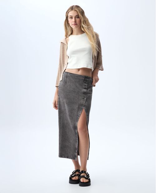 Falda denim larga tono gris para mujer